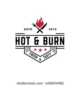 Classic restaurant logo design with fire, pork and knife illustration