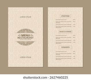 classic restaurant menu template with a decorative border and stylized text. Perfect for showcasing food and drink offerings.