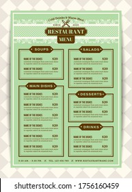 Classic Restaurant Menu Template With Mint Green Background Color. Vertical Layout