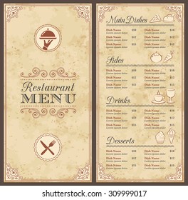 A Classic Restaurant Menu Template with nice Icons in an Elegant Style with a grunge background