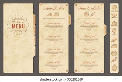 A Classic Restaurant Menu Template with nice food Icons in an Elegant Style on a vintage grunge background