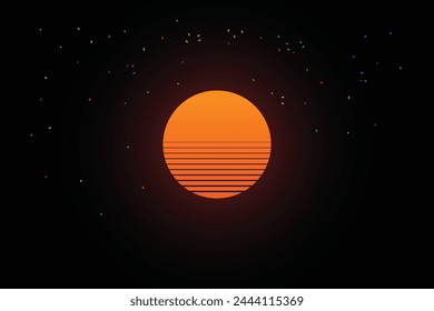 Classic retro 80s style sunset with star background