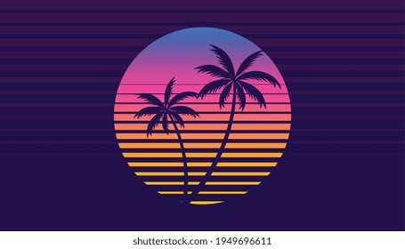 Classic Retro 80s Style Tropical Sunset With Palm Tree