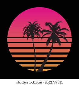 Classic retro 80s style tropical sunset with palm tree