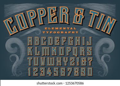 A classic retro alphabet called Copper and Tin. This font would be at home on a antique style label or vintage book. Includes engraving style flourishes.