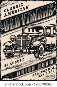 Classic retro american car vintage poster with inscriptions and oldtimer automobile in monochrome style vector illustration - Shutterstock ID 1988739020
