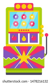 Classic retro arcade machine with joystick with colorful flowers and fruits on screen isolated on white. Old Vintage playing device, gaming room. Win money in slot mashine. Flat cartoon