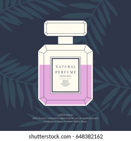 Classic retro bottle of perfume on a tropical background. Exotic leaves of plants and trees. Vector illustration.