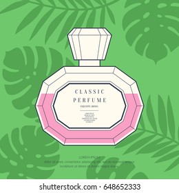 Classic retro bottle of perfume on a tropical background. Exotic leaves of plants and trees. Vector illustration.