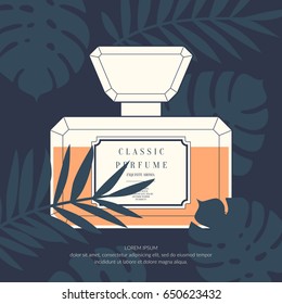 Classic retro bottle of perfume on a tropical background. Exotic leaves of plants and trees. Vector illustration.