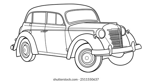 Classic retro car of 50s, 60s. Front and Side 3d view. Outline doodle vector illustration. Automotive concept in vintage sketch style