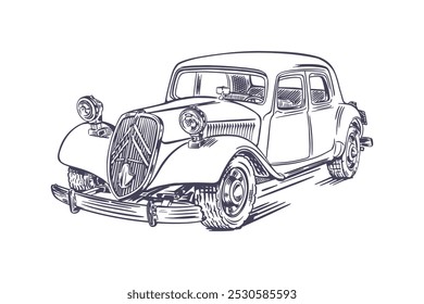 Classic retro car Citroen Traction Avant sketch. The car is a vintage model and is drawn with ink. The car has a unique design and is a symbol of elegance and sophistication. Vector