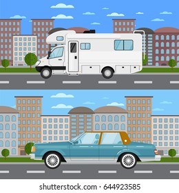 Classic retro car and modern camper van in urban landscape. City street road traffic vector illustration, cityscape background. People transportation, automobile service, auto vehicle banner