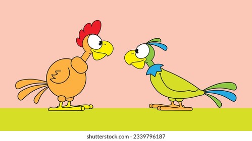 Classic retro cartoon birds: chicken and parrot looking at each other, flat vector illustration