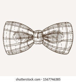 Classic retro checkered bow tie hand drawn illustration. Trendy neckwear with plaid pattern. Formal wear male accessory monochrome ink drawing. Fashionable bowtie isolated on white
