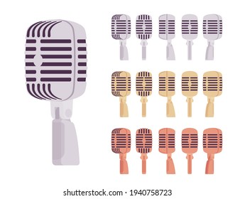 Classic retro dynamic vocal microphone, vintage mic set. Live performance and studio recording equipment. Vector flat style cartoon illustration isolated, white background, different colors and views