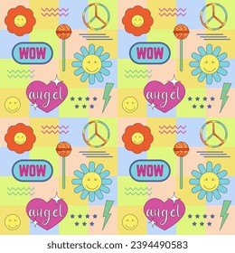 Classic retro elements from the 80s and 90s. A set of bright illustrations - a stereo tape recorder and CDs, sneakers, cassettes, bright flowers and smiley faces, a lollipop. Vector. For flyers