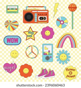 Classic retro elements from the 80s and 90s. A set of bright illustrations - a stereo tape recorder and CDs, sneakers, cassettes, bright flowers and smiley faces, a lollipop. Vector. For flyers, cover