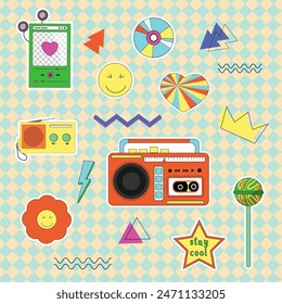 Classic retro elements from the 80s and 90s. A set of stickers - a stereo recorder and radio, a CD and a player, emoticons and a lollipop. For flyers, covers and posters, brochures and advertising