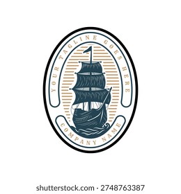 Classic Retro Emblem Featuring Detailed Galleon Ship With Waves And Oval Frame
