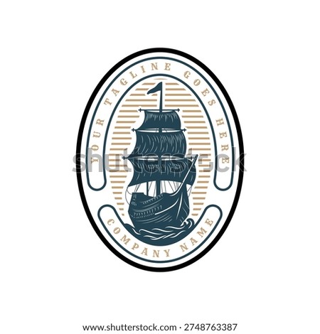 Classic Retro Emblem Featuring Detailed Galleon Ship With Waves And Oval Frame
