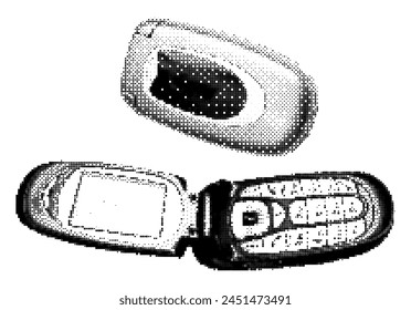 Classic retro flip mobile phone in 90s pixel style. Y2K aesthetic element retro cellphone