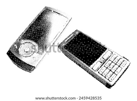 Classic retro flip mobile phone in 90s pixel style. Y2K aesthetic element retro cellphone