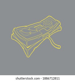 Classic retro gempad icon. Old stylized play console joystick. Simple outline yellow joypad icon on grey trendy background. For t-shirts prints and other projects. Vector illustration.