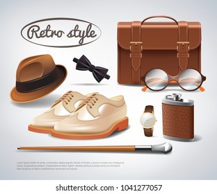 Classic retro gentleman accessories realistic set with shoes briefcase glasses watch bow tie walking stick vector illustration