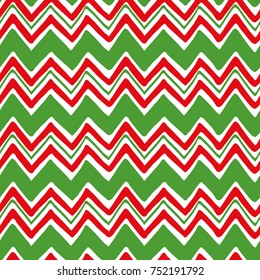 Classic retro geometric Christmas pattern in traditional green, red color, shevron ornament. Traditional bright New Year decorative background for wallpaper, fabric, textile, package, gift. Vector