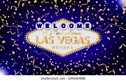 Classic retro gold Welcome to Las Vegas sign on blue background. Happy background. Simple modern vector style illustration. Vector colourful serpentine and confetti.