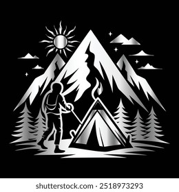Classic Retro Hiking Badge, Vintage Mountain and Camping Emblem for Outdoor Adventure