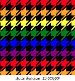 Classic retro houndstooth seamless pattern. Geometric checkered plaid background colored in rainbow pride and black colors. Fabric, textile, skirts, clothes, wrapping paper design. Vector illustration