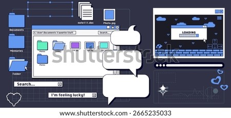Classic retro internet y2k desktop with blue folder icons, file explorer window and empty speech bubbles on dark grid background. Nostalgic pixel game computer interface for old school web aesthetic.