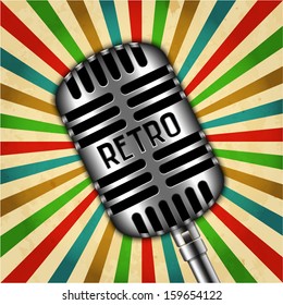 Classic retro microphone on sunbeams background