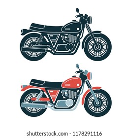 A classic retro motorcycle. Stamp style. Colored and monochrome vector illustration.