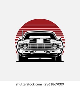 Classic Retro Muscle Car Front View Vector Art Color Illustration Isolated in Red Background