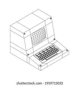 Classic retro perconal computer. Programming code concept. Wireframe low poly mesh vector illustration