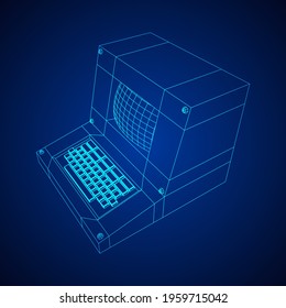 Classic retro perconal computer. Programming code concept. Wireframe low poly mesh vector illustration