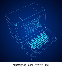 Classic retro perconal computer. Programming code concept. Wireframe low poly mesh vector illustration