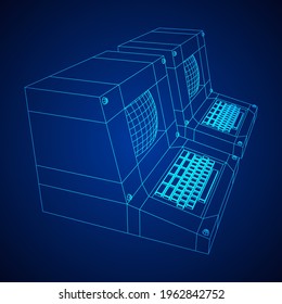 Classic retro perconal computer. Programming code concept. Wireframe low poly mesh vector illustration