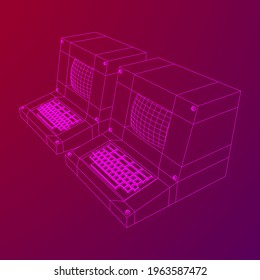 Classic retro perconal computer. Programming code concept. Wireframe low poly mesh vector illustration