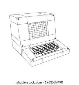 Classic retro perconal computer. Programming code concept. Wireframe low poly mesh vector illustration