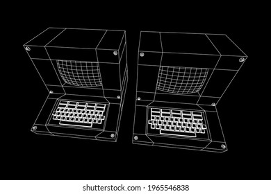 Classic retro perconal computer. Programming code concept. Wireframe low poly mesh vector illustration