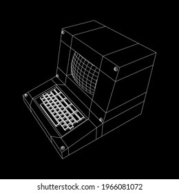 Classic retro perconal computer. Programming code concept. Wireframe low poly mesh vector illustration