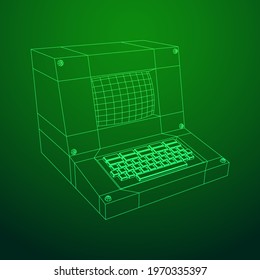Classic retro perconal computer. Programming code concept. Wireframe low poly mesh vector illustration