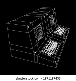 Classic retro perconal computer. Programming code concept. Wireframe low poly mesh vector illustration