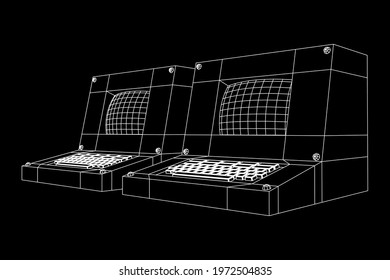 Classic retro perconal computer. Programming code concept. Wireframe low poly mesh vector illustration