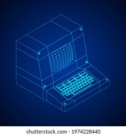 Classic retro perconal computer. Programming code concept. Wireframe low poly mesh vector illustration