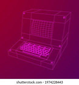 Classic retro perconal computer. Programming code concept. Wireframe low poly mesh vector illustration